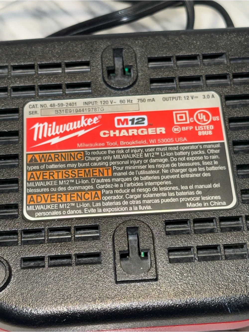 OEM Milwaukee 48-59-2401 M12 12V Lith Ion Battery Charger 12 Volt Genuine